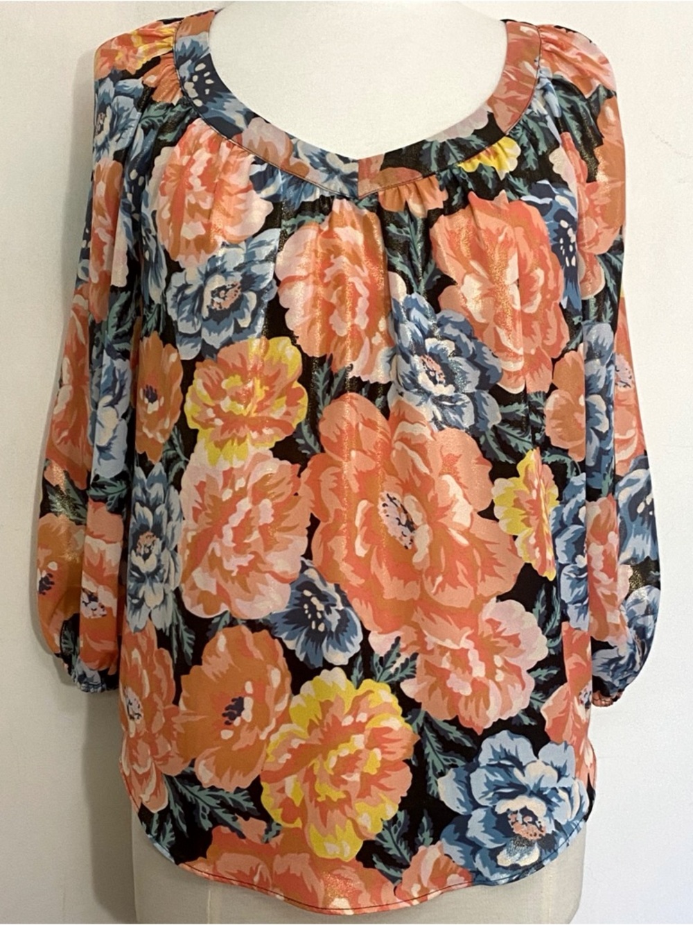 LC Lauren Conrad Coral & Blue Floral Scoop Neck Blouse MP